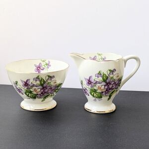 Gladstone English Bone China Vintage Creamer & Sugar Bowl Violets Cottagecore